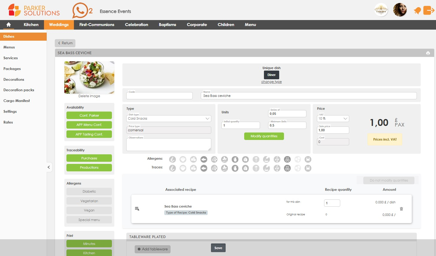 Dish manager section in Parker Solutions' CRM Advance Software