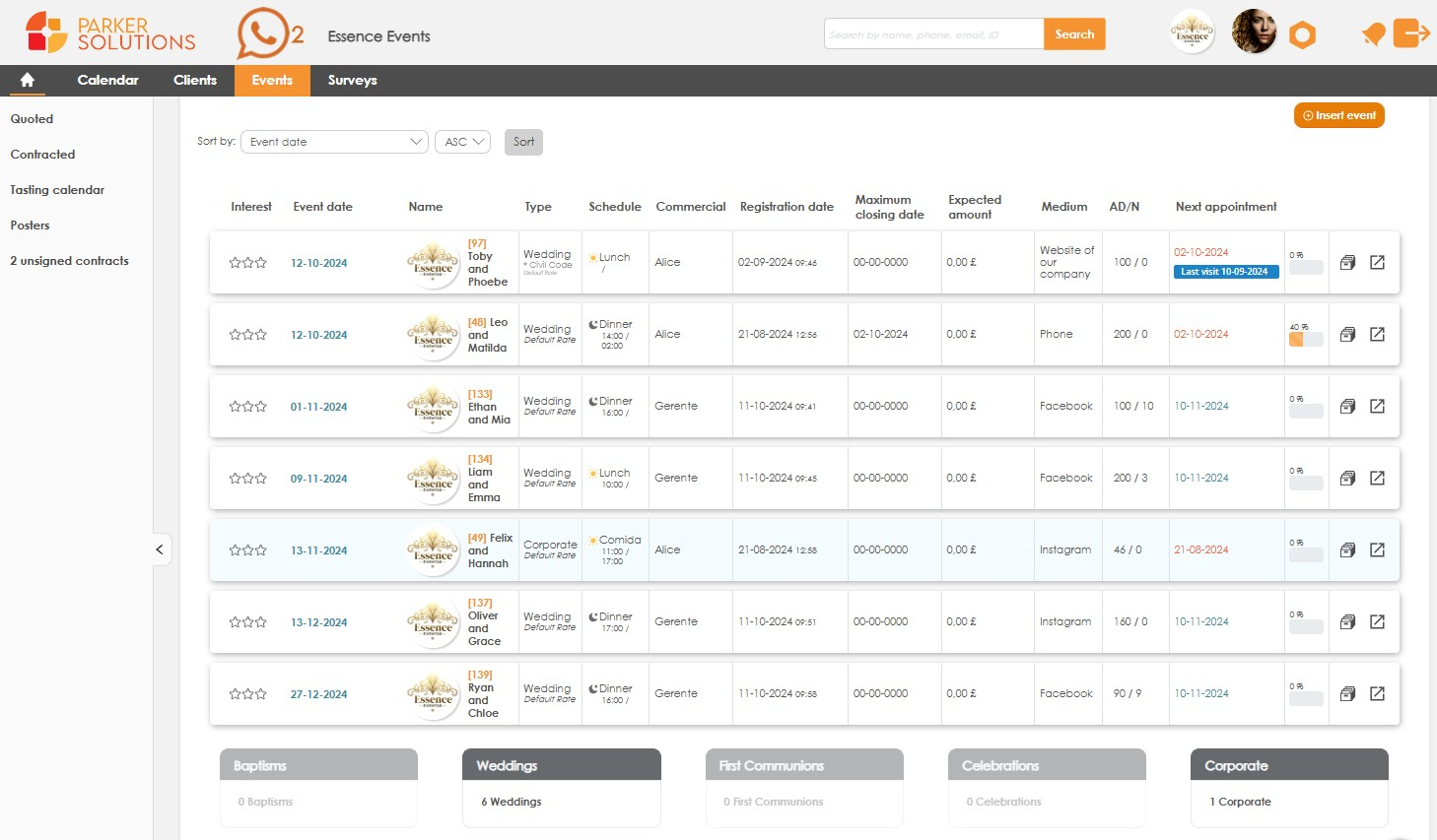 Contracted event section in Parker Solutions' CRM Advance Software