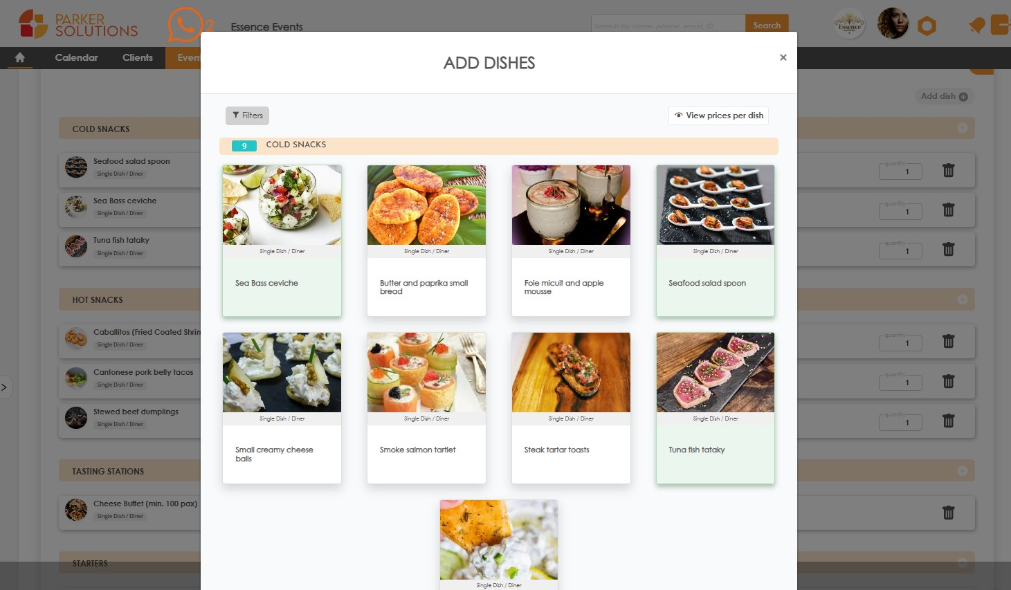 Event menu selector section in Parker Solutions' CRM Advance Software