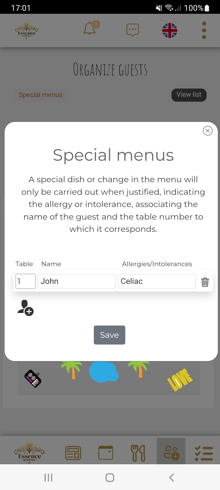 Manage guests with allergies tool of the Company's App