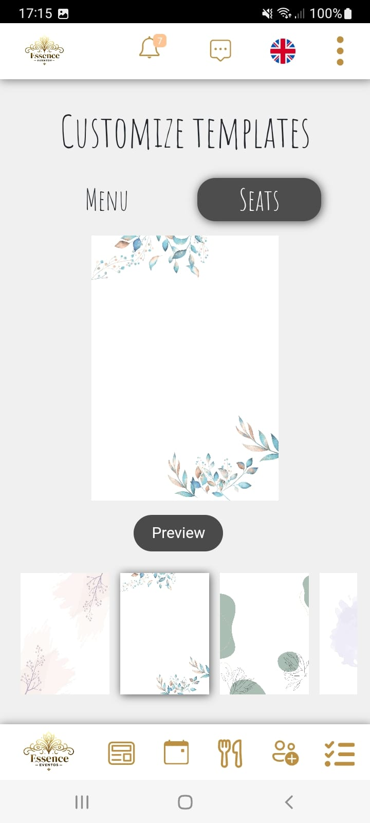 seating plan and menu card templates section of the Company's App